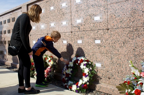 Ron LaCanne was entombed Wednesday at Southern Wisconsin Veterans Memorial Cemetery in  Union Grove. Grandchildren Ruby Hanneman and Joshua LaCanne pause at the columbarium wall.