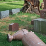 Lightning toppled this heavy monument at Calvary Cemetery in Racine, Wis.