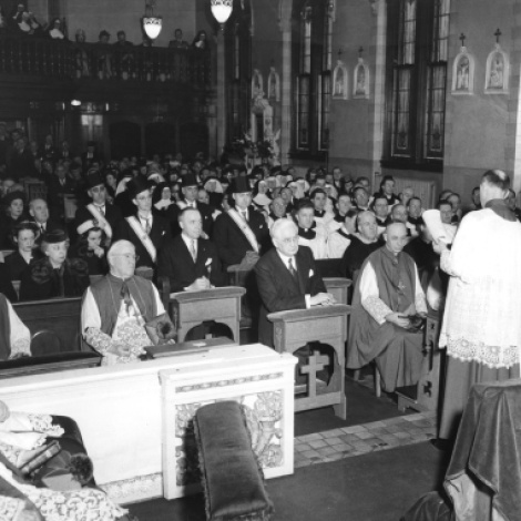 The windows are prominently visible in this newswire photo from 1946, from a Mass to celebrate presentation of a papal medal to Leo T. Crowley of Madison.