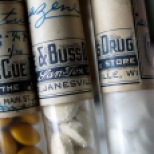 Drug vials from a portable pharmacy kit belonging to Carl F. Hanneman. Read more about that here: https://hannemanarchive.com/2013/07/11/portable-pharmacy-kit/